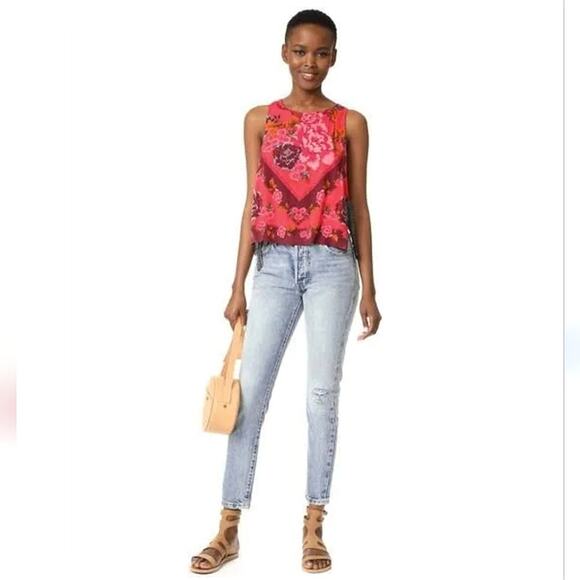 Free People Floral Scoop Neck Sleeveless Side Tie Pink Tank Top Size XS - Picture 12 of 16